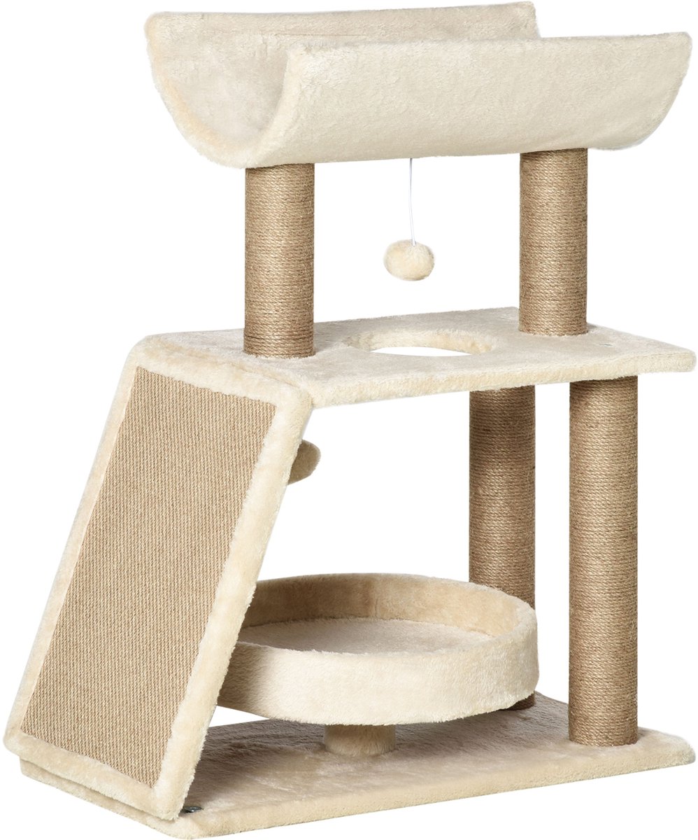 Kattenboom Design Cosy Chic Multi-Uitrusting Activiteitencentrum Krabpaal Platforms Bed Game Hangbal van Hout en Pluche Korte Sisal 60 x 30 x 76 cm Lichtbruin | Multi-apparatuur, activiteitencentrum, krabber, platforms, bed, spe