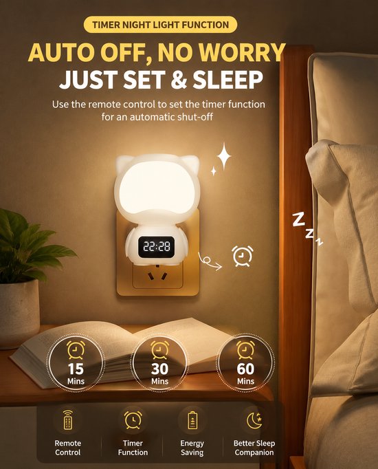 Katten Nachtlamp met Digitale Klok - LED Wandlamp met Afstandsbediening, 3 Lichtkleuren, Dimbaar, 300° Draaibaar, Timerfunctie & Oplaadbare Batterij - Slaapkamerlamp voor Kinderen en Volwassenen — afbeelding 5