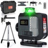 Groene kruislijnlaser met digitaal display, statief, afstandsbediening en koffer. "JACKMEND KRUISLIJNLASER".