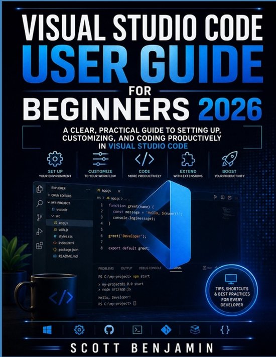Boek 'Visual Studio Code User Guide for Beginners 2026' met blauwe en zwarte tekst. Toont een code-editor en programmeer-icoontjes.