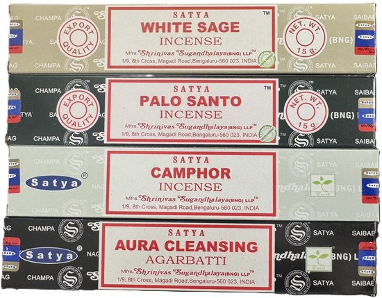 Vier dozen Satya wierook: White Sage, Palo Santo, Camphor, Aura Cleansing. Elk 15g.