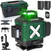 Groene JACKMEND 4D kruislijnlaser met 360 graden rotatie, inclusief koffer, afstandsbediening en accessoires.