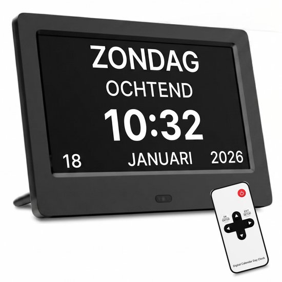 Digitale kalenderklok met zwarte rand toont zondag ochtend 10:32, 18 januari 2026 en een afstandsbediening.