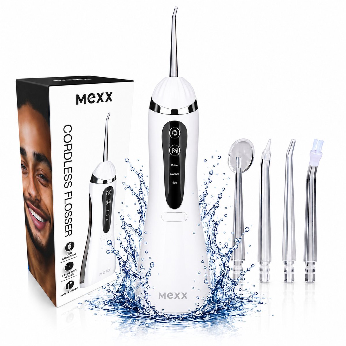 MEXX Waterflosser Draadloos met 3 Reinigingsstanden - Monddouche Waterflosser met 4 Opzetstukken - Monddouche 200 ml Reservoir - USB-C Oplaadbaar