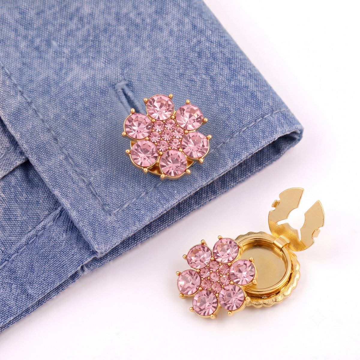 Button Covers Set van 2 - Knoop Covers voor Overhemden & Blouses - Bloem Vorm met Strass Steentjes - Manchetknopen Alternatief - Accessoires Cadeau - Roze