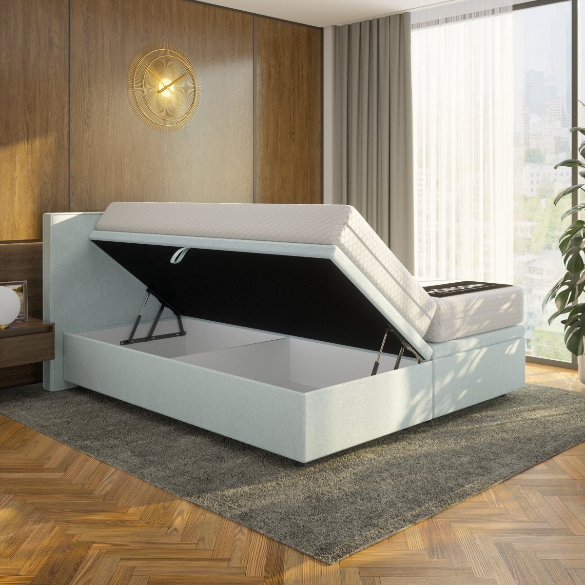 Mörgenn Opbergboxspring Havn - 900 Liter Opbergruimte - Aquablauw - 160x210 cm - Met Suprême Matras - Inclusief Dekbed en Kussens