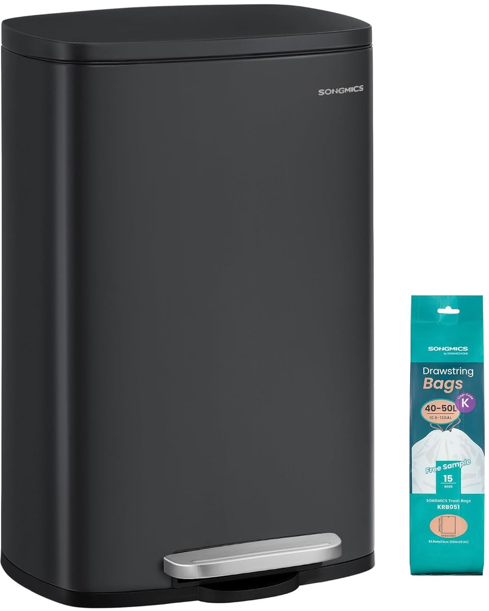 SONGMICS Prullenbak 50 L, Keukenafvalbak, Soft Close, Pedaalbak, Staal, Binnene Emmer - Zwart LTB050B02