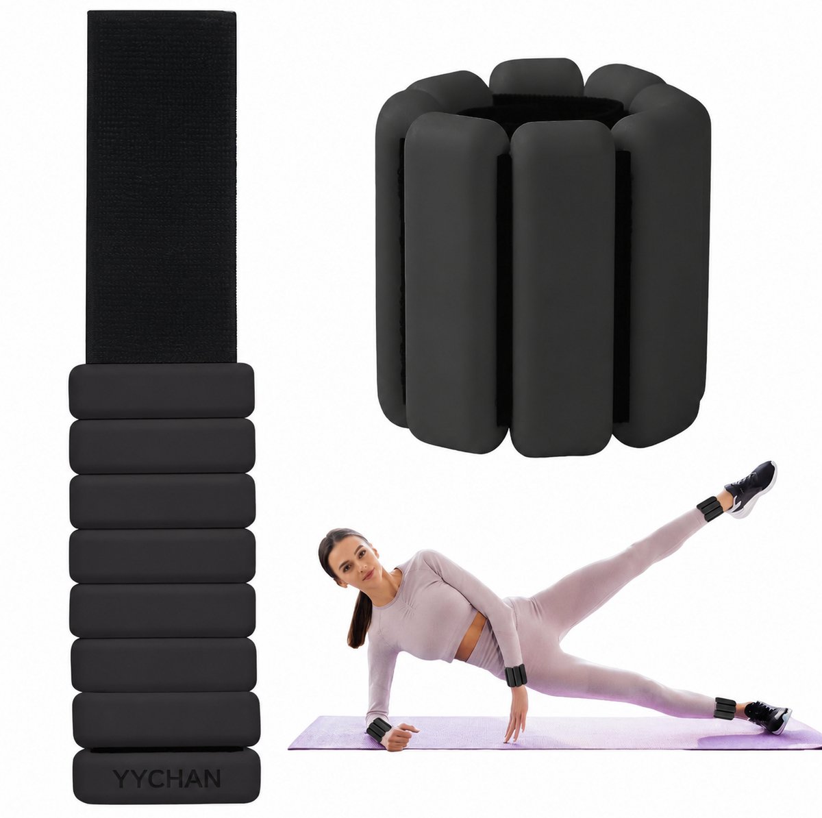 YYchan Enkelgewichten en Polsgewichten - Verstelbare Gewichtsmanchetten - 2 x 900 g - Voor Fitness, Wandelen, Yoga en Pilates - Zwart