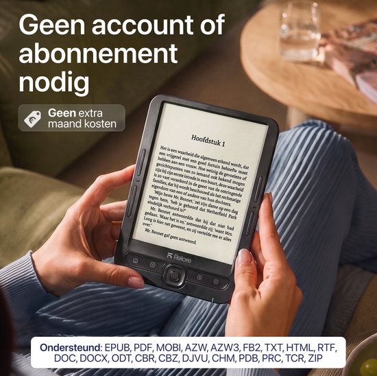 Handen houden zwarte Relore e-reader vast, met tekst 'Geen account of abonnement nodig'.