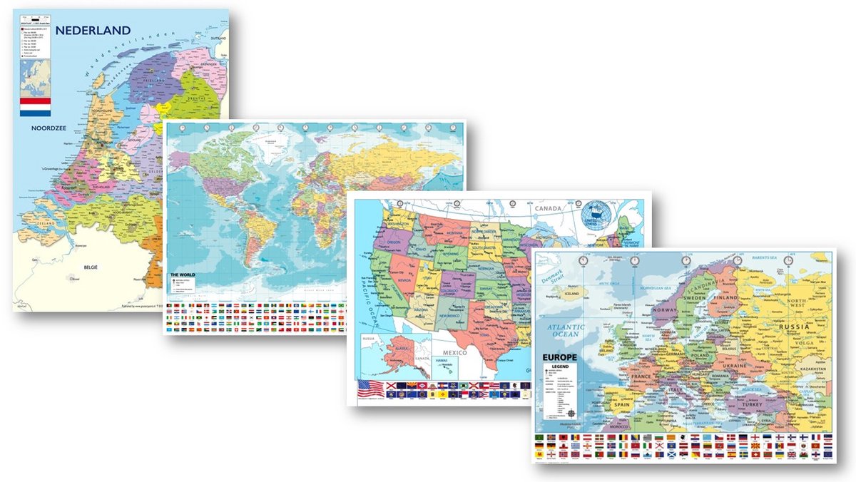 Poster set Wereldkaart - Nederland kaart - Europa kaart - Amerika kaart - Vier educatieve posters - Formaat 50 x 70 cm