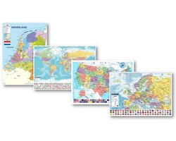 Poster set Wereldkaart - Nederland kaart - Europa kaart - Amerika kaart - Vier educatieve posters - Formaat 50 x 70 cm
