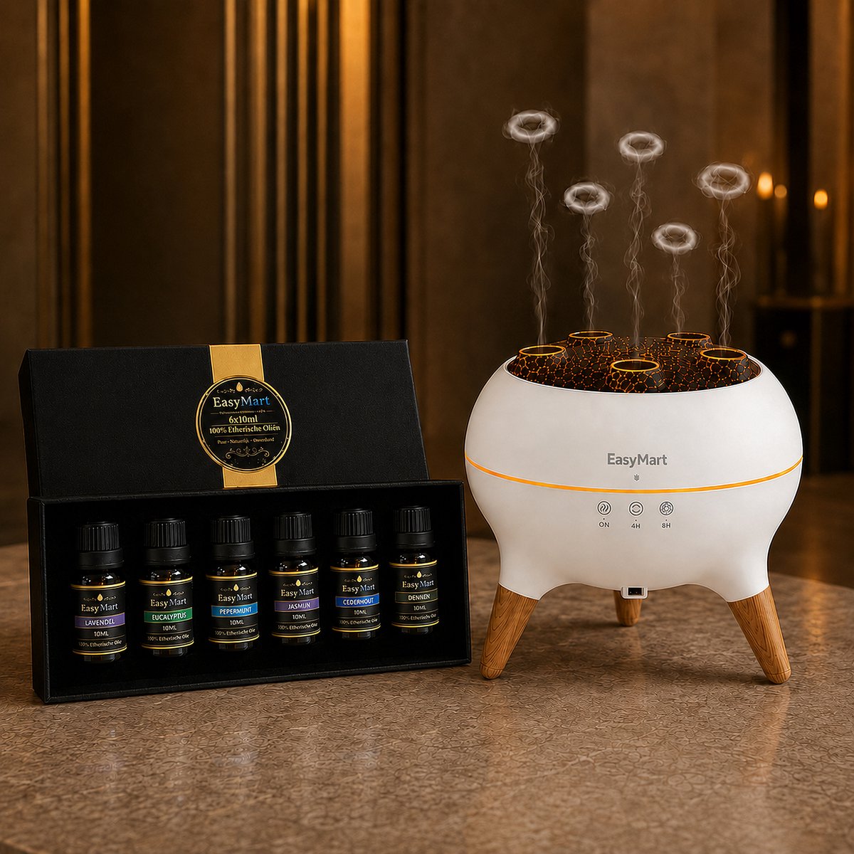 EasyMart Aroma Diffuser met 6 Essentiële Oliën – Geurverspreider – Ultrasone Luchtbevochtiger – Aromatherapie Diffuser – LED Nachtlamp – Timer – Fluisterstil – Inclusief Afstandsbediening – Cadeauset