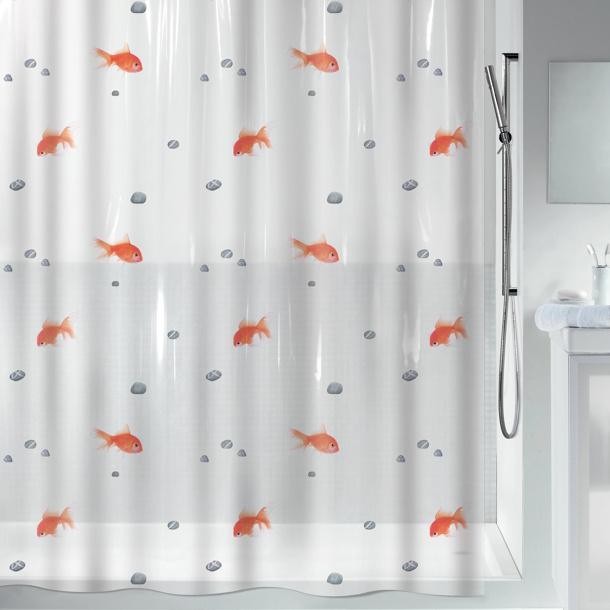 Spirella Douchegordijn Goldfish – Badkamergordijn met Goudvissenprint voor de Douche – Stijlvol Douche Gordijn