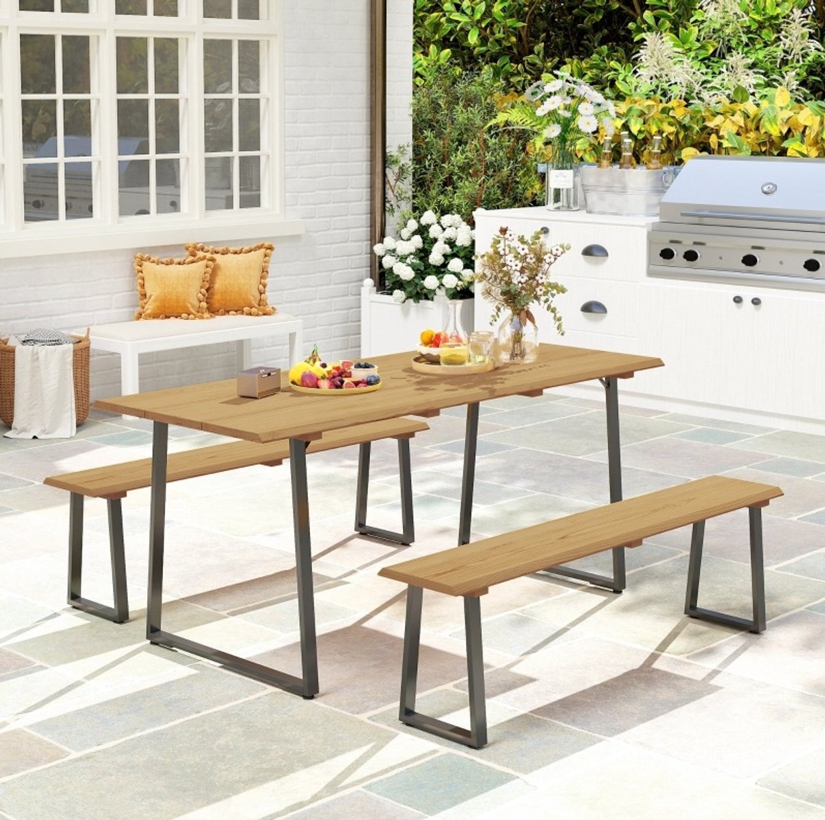 MODFU-Tuinset-Picknicktafel-3-Delig-6-Personen-Hout-Metaal-Parasolgat