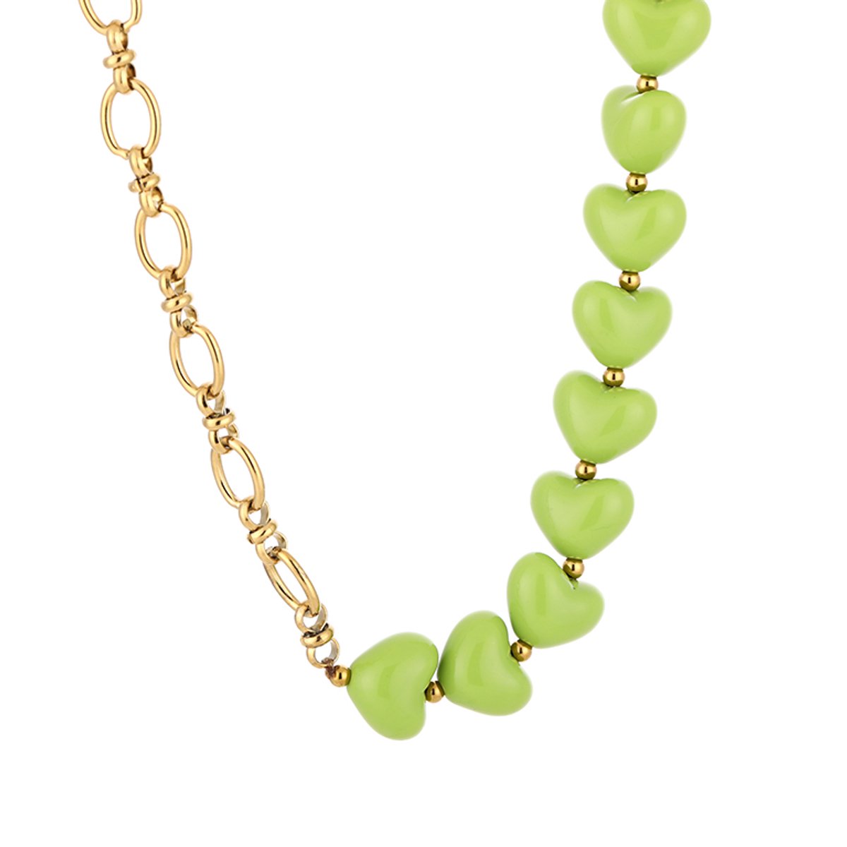 Heart Bead & Paperclip Chain Necklace – Harten Kralen Ketting – RVS - Groen