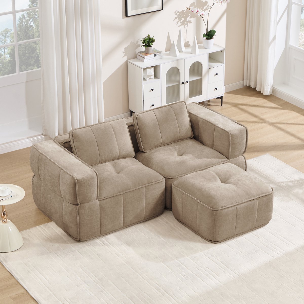 Moderne Hoekbank, L-Bank, 2-Zits bank, L-Vormige Modulaire Tweezitsbank Zonder Frame Met Voetenbank, 32D Schuim Met Hoge Dichtheid, Diepe Zitting, Huidvriendelijke Stof, Antislip, Voor Woonkamers En Appartementen-Sand