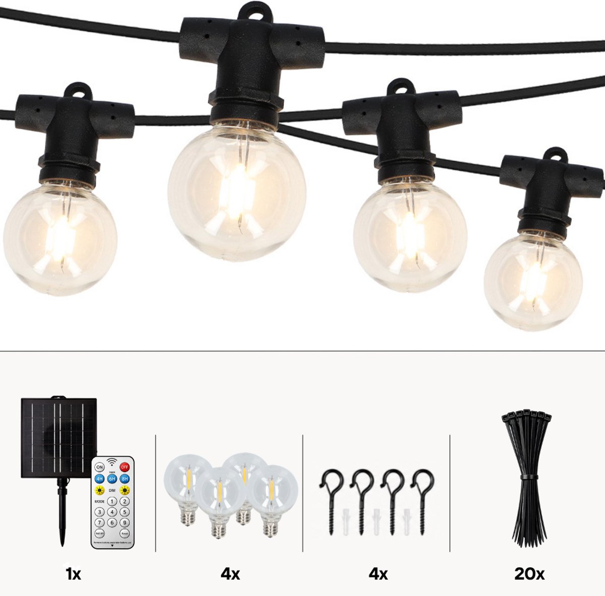 Latium IP65 Waterdicht Solar Lichtsnoer 10m Inclusief Afstandsbediening - Energiezuinig en Verlengbaar - Prikkabel - Lichtslinger Sfeerverlichting voor Buiten en Binnen - Warm Wit 2700K - 4 Extra LEDS