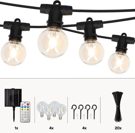 Zwarte prikkabel met 12 meter lengte, warm witte LED-lampen, inclusief zonnepaneel, afstandsbediening en 4 extra lampjes.