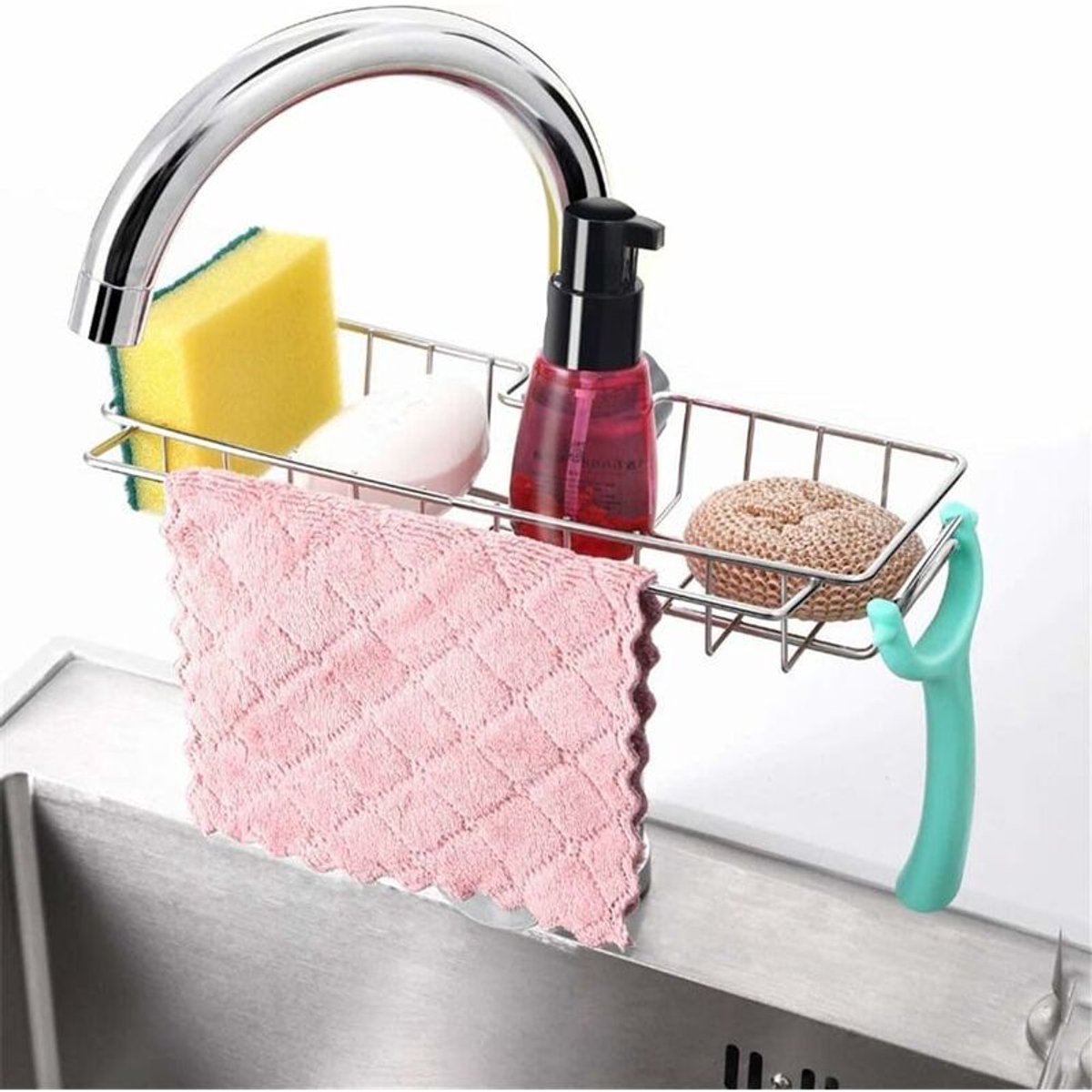 Roestvrijstalen keukenkraan sponshouder voor zeep/sponzen/doekjes/shampoo/douchegel, zeeprekje, badkamerspons, boren niet nodig.