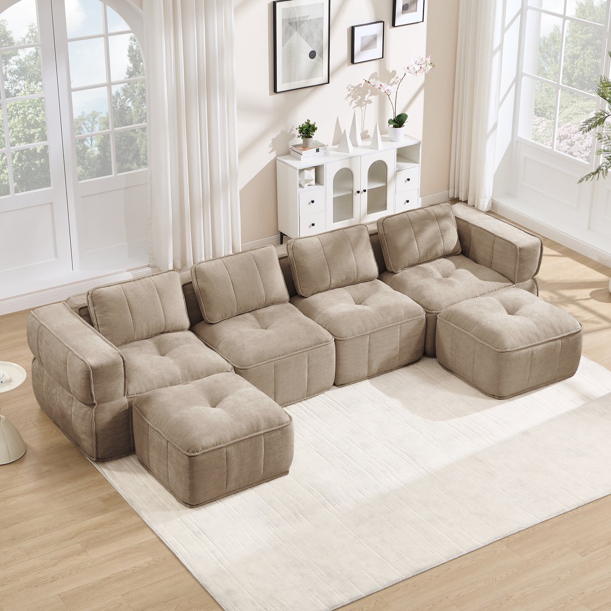 Moderne Hoekbank, U-Bank, 4-Zits bank, Modulaire U-Vormige Bank Voor 4 Personen Zonder Frame, Met 2 Voetenbankjes, 32D Schuim Met Hoge Dichtheid, Zachte En Comfortabele Stoffen Bekleding, Antislip, Voor De Woonkamer, Geen Montage Nodig-Sand