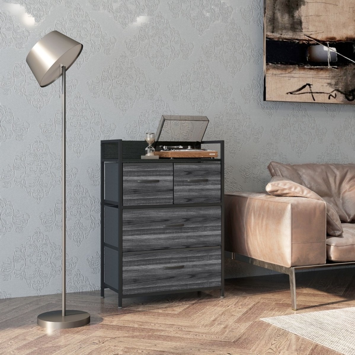 REDOM - Kast - 4 opvouwbare stoffen lades - Stalen frame met verstelbare voetjes - Industrieel - Woonkamer - Polyester - Zwart - 60 x 29 x 85 cm