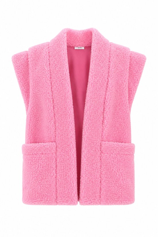Roze teddy gilet met reverskraag en twee steekzakken.
