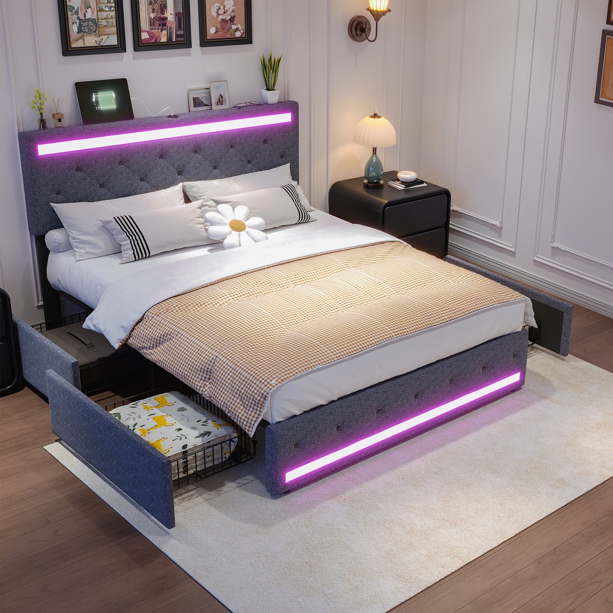 Tweepersoonsbed Gestoffeerd bed 140x200 cm met LED en USB, jeugdbed met opbergruimte en lattenbodem,4 laden,opbergbed, bedombouw,Linnen, zonder matras,Grijs