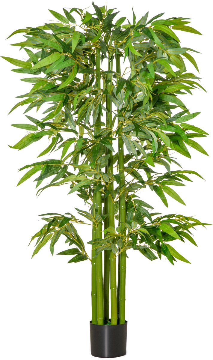 Kunstmatige bamboeboom XL 1,60H m nepplant met zwarte pot - realistische replicaplant voor binnen voor thuis en op kantoor, 975 stuks levensechte, weelderige bladeren, zwart, groen