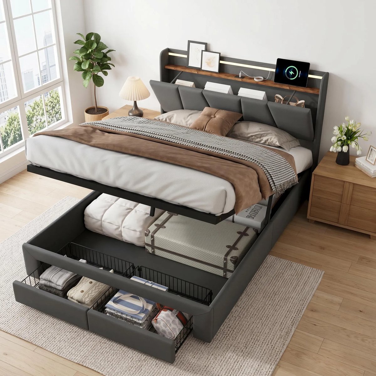Gestoffeerd bed 140x200 cm met LED-verlichting, USB-aansluiting en opbergruimte – Tweepersoonsbed met lades en hydraulische opbergbox – Lattenbodem inbegrepen – Linnen Grijs – Zonder matras