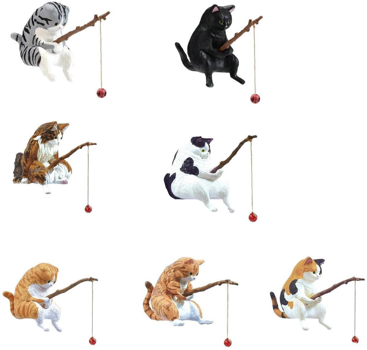 7 stuks kattenfiguren, 3,5 cm, vissen kattenbeeld, kat, visdecoratie, viskat, miniatuur, interessante vistank-ornamenten, voor woonkamer, tuin, balkon, vijver, bureaudecoratie