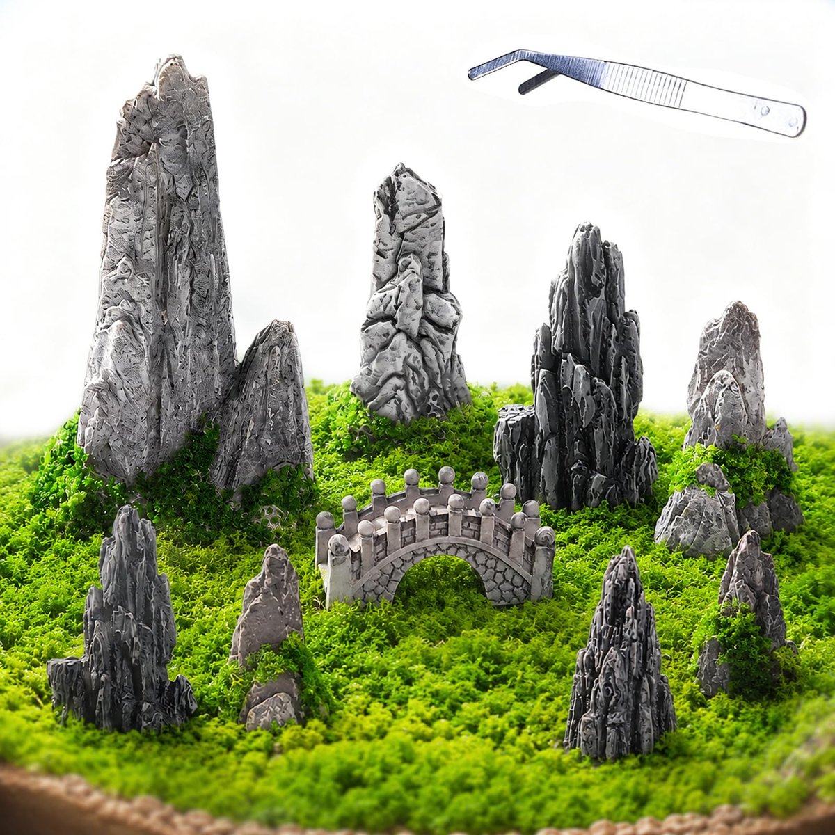 9 stuks miniatuur bergdecoratie, landschap met kunstmos en pincet, Zen tuin, miniatuurlandschap, bergen, voor feeëntuin, accessoires, bonsai, doe-het-zelf knutselwerk
