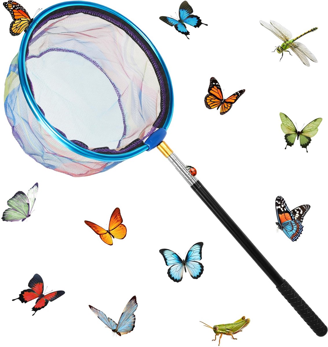 schepnet, 66-175 cm, telescopisch visnet, vlindernet met telescoopstang, insectennet, visnet, strandvangnet voor buiten, vissen, insecten, strand, vijver, tuin, zwembad