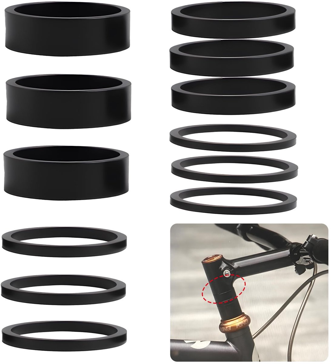 12 stuks fietsstuurpen spacer-set 1 1/8 inch, afstandschijven voor Ahead stuurset, spacer 2/3/5/10 mm van aluminium, stuur afstandhouders fiets voor MTB, racefiets, BMX