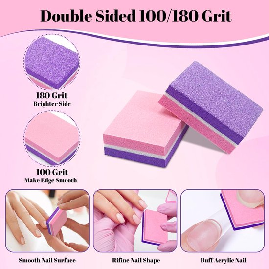 Bufferblokken, 100/180 dubbelzijdig Grit-nagelblok, Grit-nagelbuffer voor acrylnagels en natuurlijke nagels, professionele manicure-vijlblokken — afbeelding 4