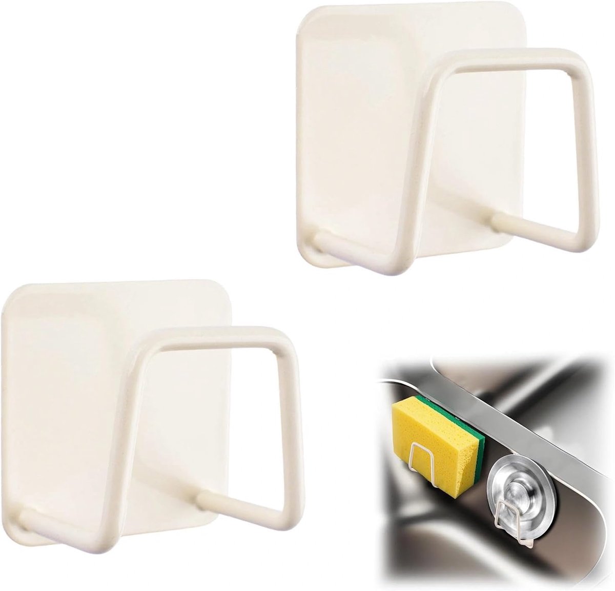 SnelShoppen - 2 Stuks RVS Sponshouder voor Keuken - Zelfklevende Sponshouder - Premium Roestvrij Staal - Sneldroger - Wit - Keukenaccessoires