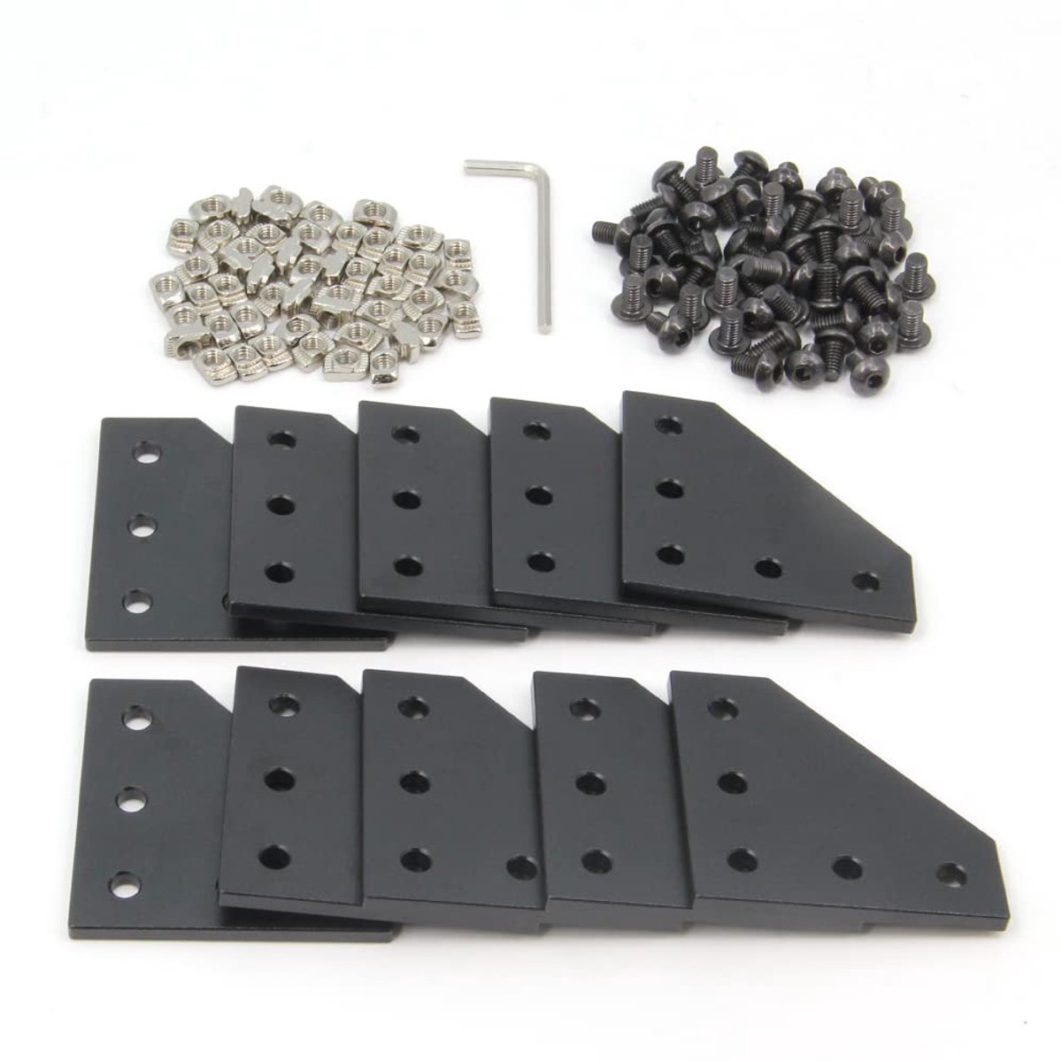 10 stuks/set zwarte L-hoekbevestigingsplaat met 50 stuks M5 x 8 mm schroeven en 50 stuks M5 T-moeren voor aluminiumprofiel 3D-printerframe van de 2020-serie (Zwart L-10 met schroef)
