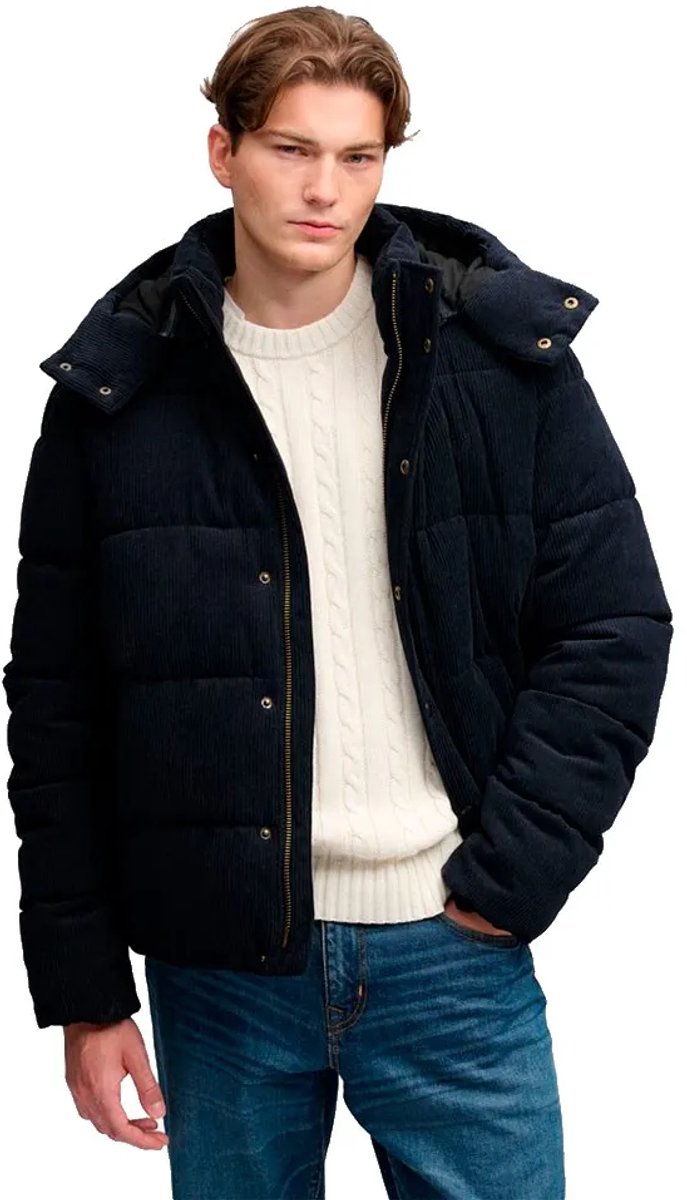 Superdry Premium Hooded Cord Puffer Jas Heren Gewatteerde jassen Marineblauw