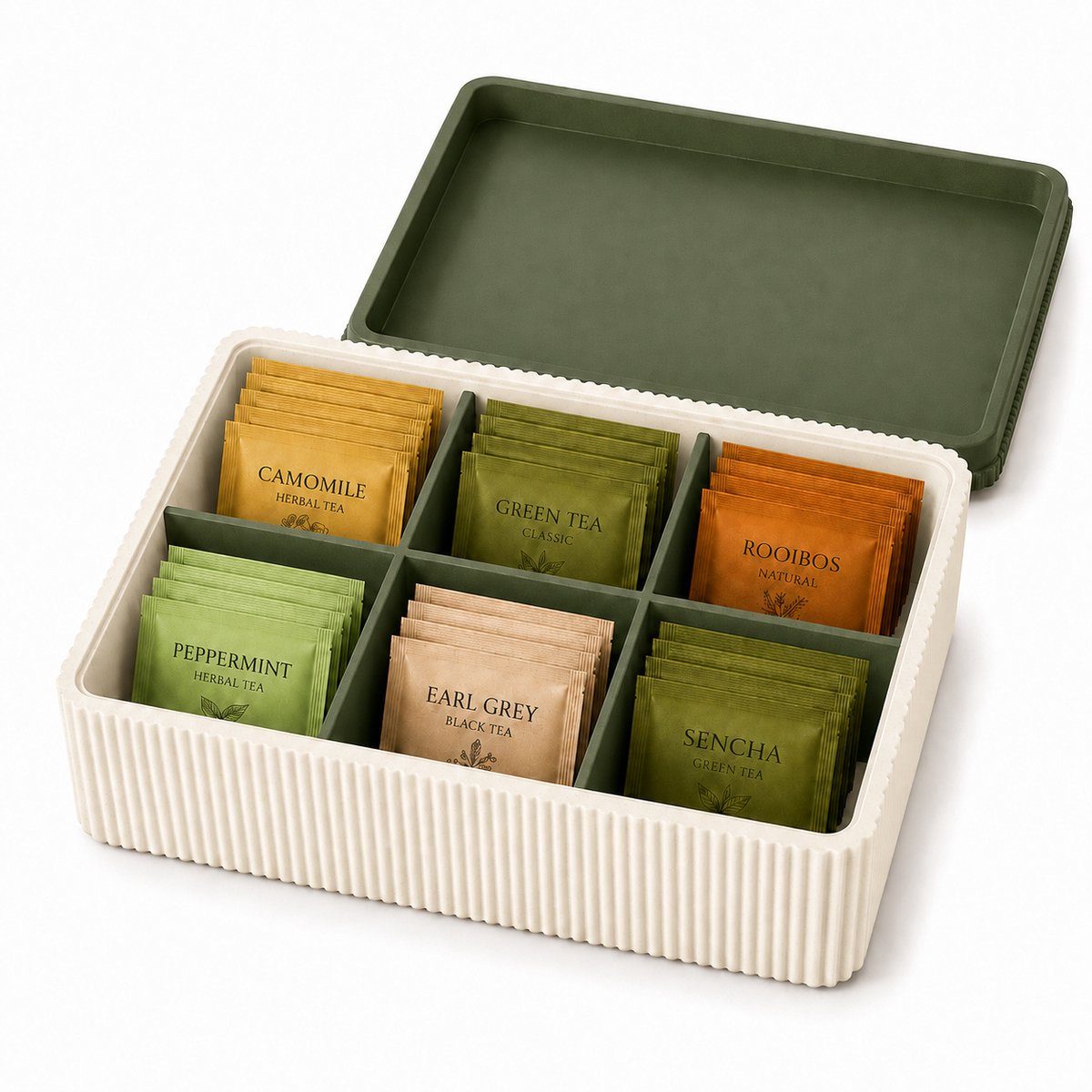 Tea Collection – Theedoos met Vakjes – Theezakjes Organizer – Geribbeld Design – Inclusief Deksel