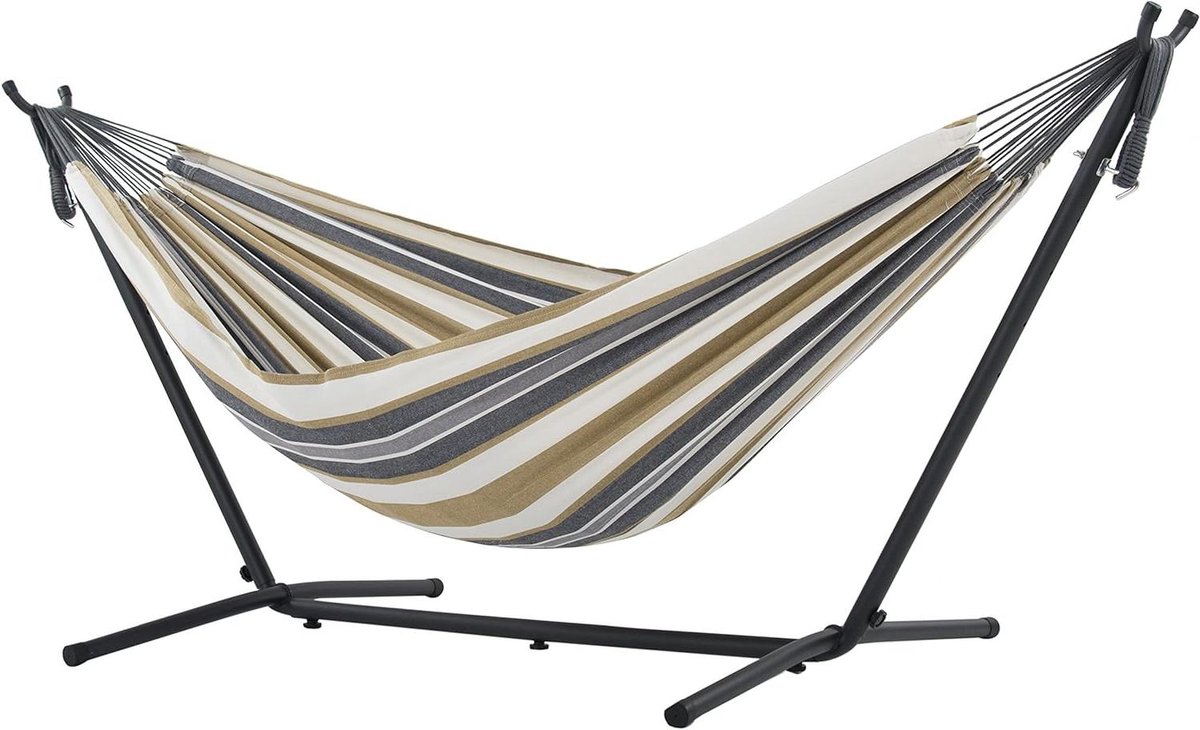 Katoenen hangmat - Dubbele hangmat - Ontspannen in de tuin - Met stalen standaard - 250 cm lengte - Desert Moon