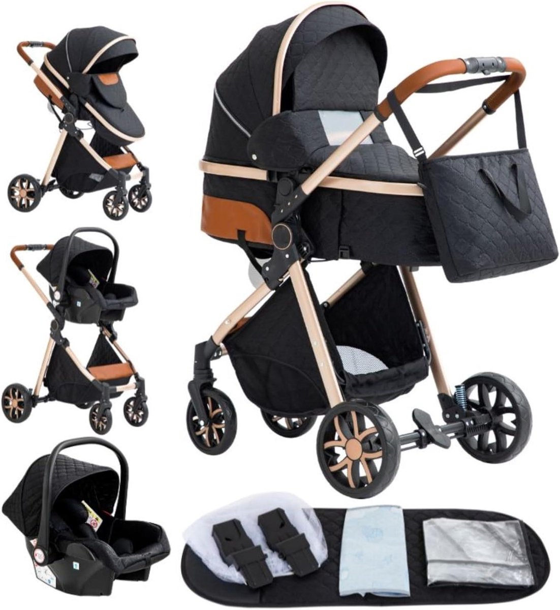 Kinderwagen 3-in-1 - Combi kinderwagen - Baby vervoeren - Compact opvouwbaar - 66 x 52 x 49 cm - Zwart