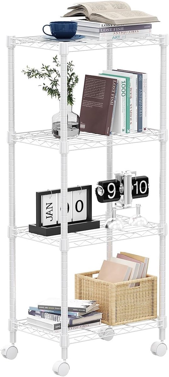 MZG Verrijdbaar Opbergrek, 4-Laags Metalen Rek op Wielen voor Keuken, Badkamer, Wasruimte en Pantry, Verstelbare Draadplanken, 30×45×103,6 cm, Draagvermogen tot 454 kg, wit