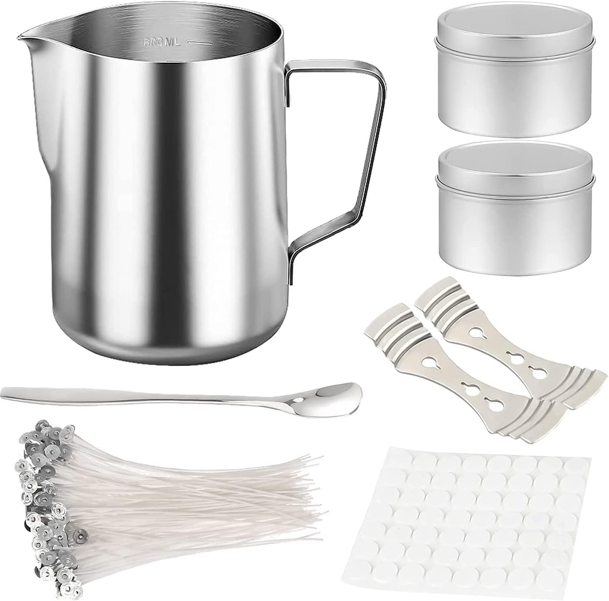 Kaarsenmaakset, doe-het-zelf kaarsenmaken, accessoires, cadeauset met kaarslont, blikken doos, lontstickers, smeltpot, lonten vaste houder en roerlepel voor het maken van kaarsen
