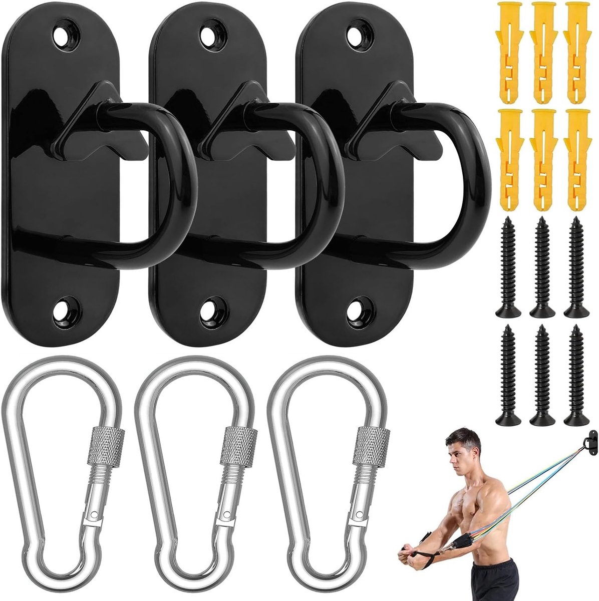 3 stuks weerstandsbanden wandanker, zwart fitness touwhouder | Hoog draagvermogen voor krachttraining, fitness, bokszak, potplanten, schommels, met 3 schroefkarabijnhaken