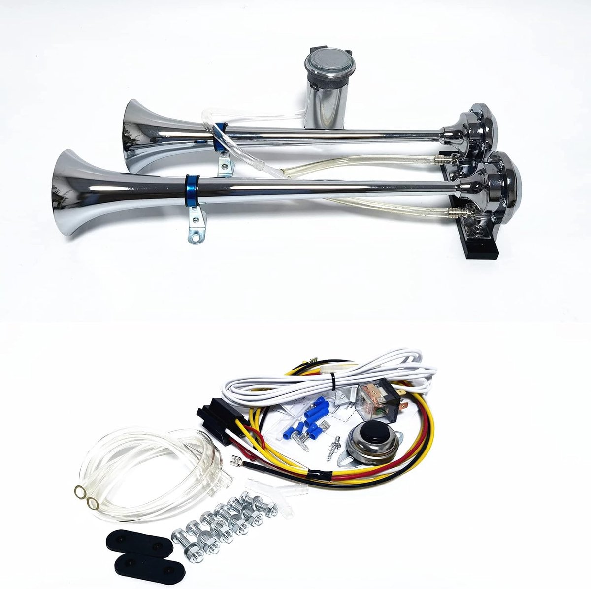 Autohoorn voor auto, luchthoorn, 12 V, dubbele buis, 165 dB, vrachtwagenhoorn, zilverkleurig, chroom, zink, trompet, auto, vrachtwagen, luchthoorn, luchthoorn, luchthoorn voor 12 V, vrachtwagen
