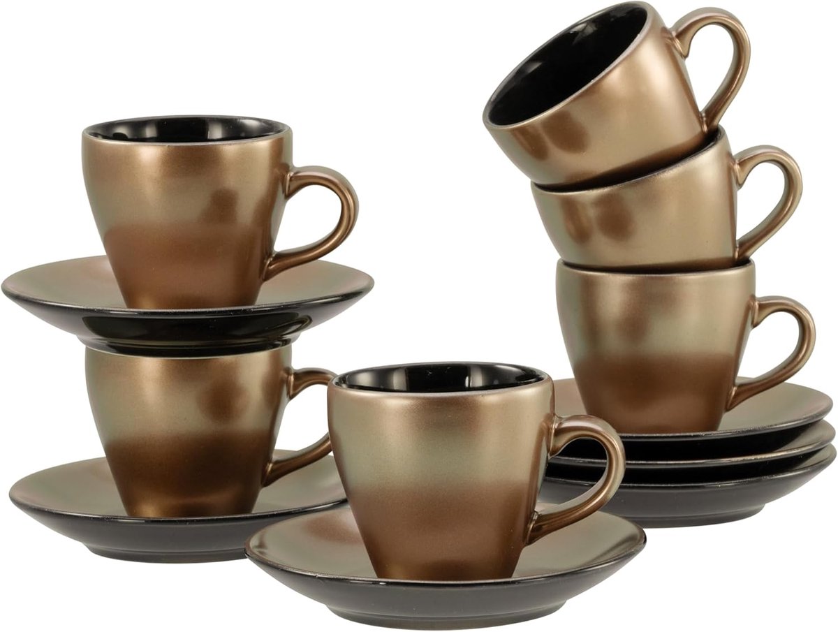 24330, serie Golden Days zwart, 12-delige serviesset voor 6 personen, espressoset van aardewerk, vaatwasser- en magnetronbestendig, kwaliteitsproductie