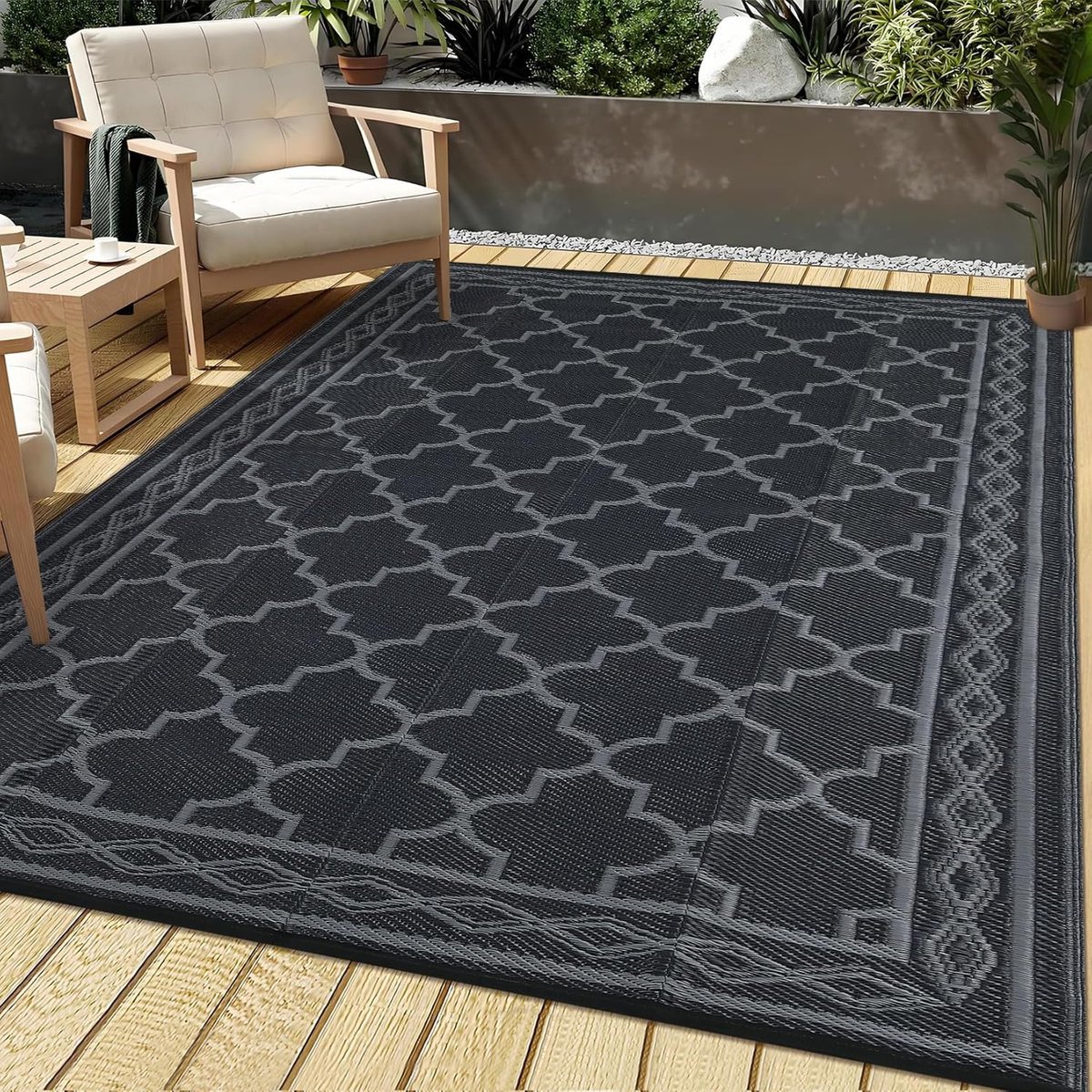 Waterdicht outdoortapijt, 150 x 240 cm, omkeerbaar tapijt van kunststof stro voor terras, camping, camper, entree, tuin, veranda, bank, picknickplaats, camper, zwart/grijs
