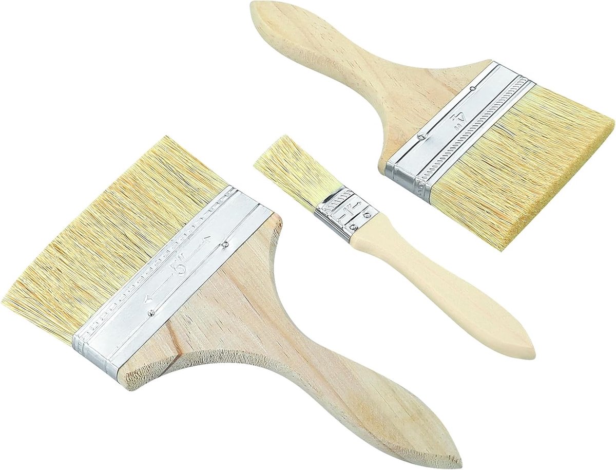 3 stuks verdikte borstels, 10 cm, 12,5 cm, 2,5 cm schilderkwast, platte kwast met houten steel, premium oppervlaktestrijker, lazuurkwast voor lakken, lazuren, oliën, muurkleuren