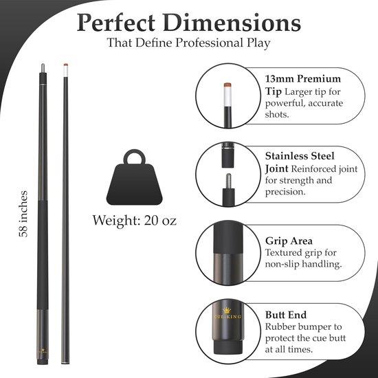 Poolkeu 2-delig - Biljartkeu Grafiet - Poolen Spelen - ProFibre Grip - 58 inch 20 oz - Zwart — afbeelding 2