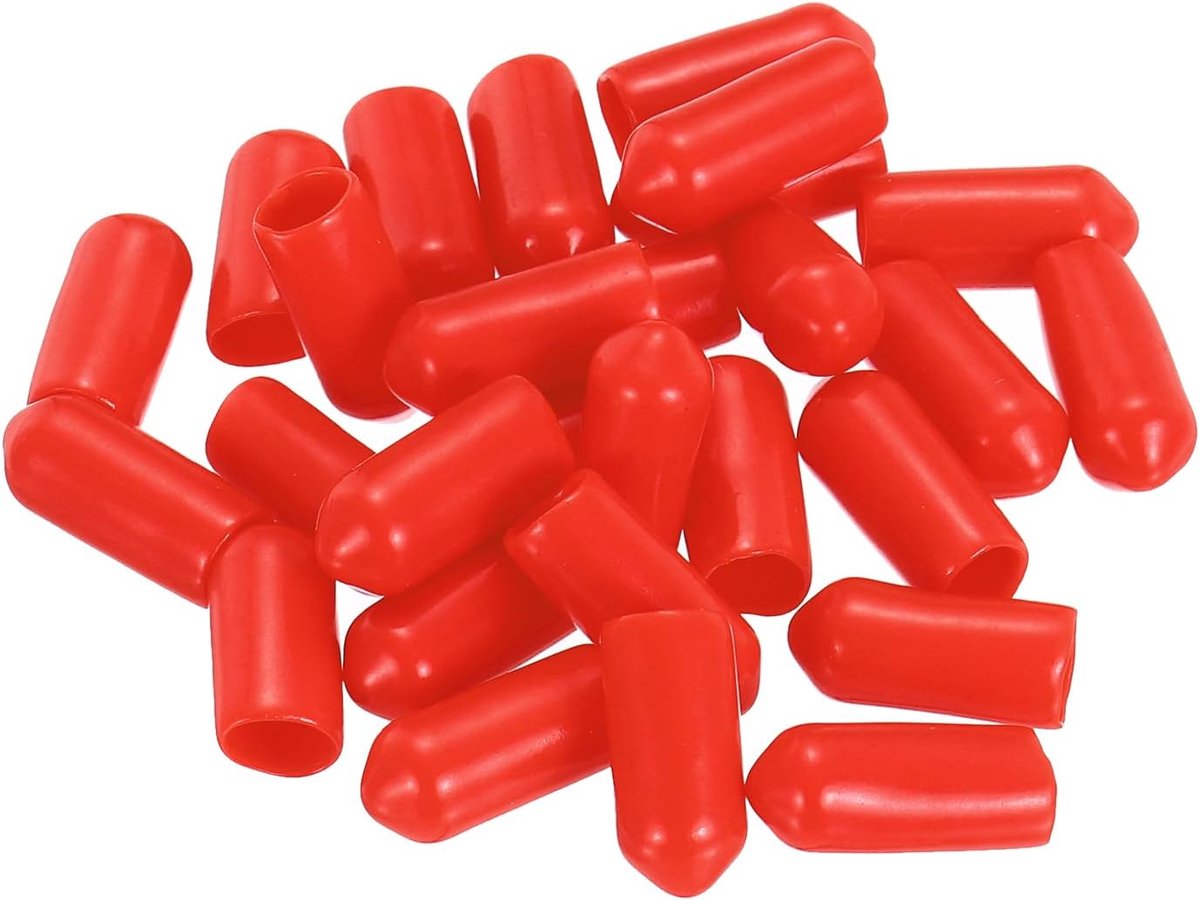 Rubberen doppen, 28 stuks, 6 mm (7/32") ID, 15 mm (9/16") hoog, ronde beschermkappen met schroefdraad, flexibele schroefboutafdekkingen voor metalen buisstangbouten, rood