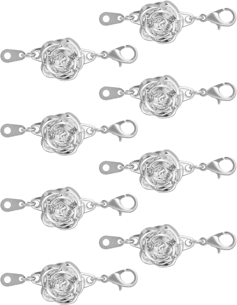 8 stuks sieradensluitingen, vergrendelingssluitingen in rozenvorm met karabijnsluitingen voor armbanden, halskettingen, doe-het-zelf accessoires, sieraden, bruid (zilver)